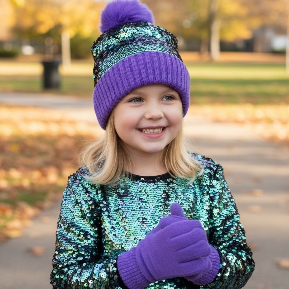 Girls Purple Sequin Beanie Hat and Gloves Set with Pom Pom Size 4-5T - Picture 1 of 8